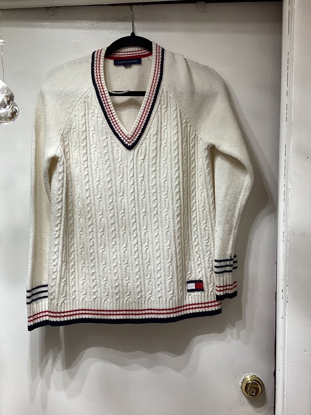 Tommy Hilfiger Cream Cable-Knit V-Neck Sweater with Red & Navy Trim